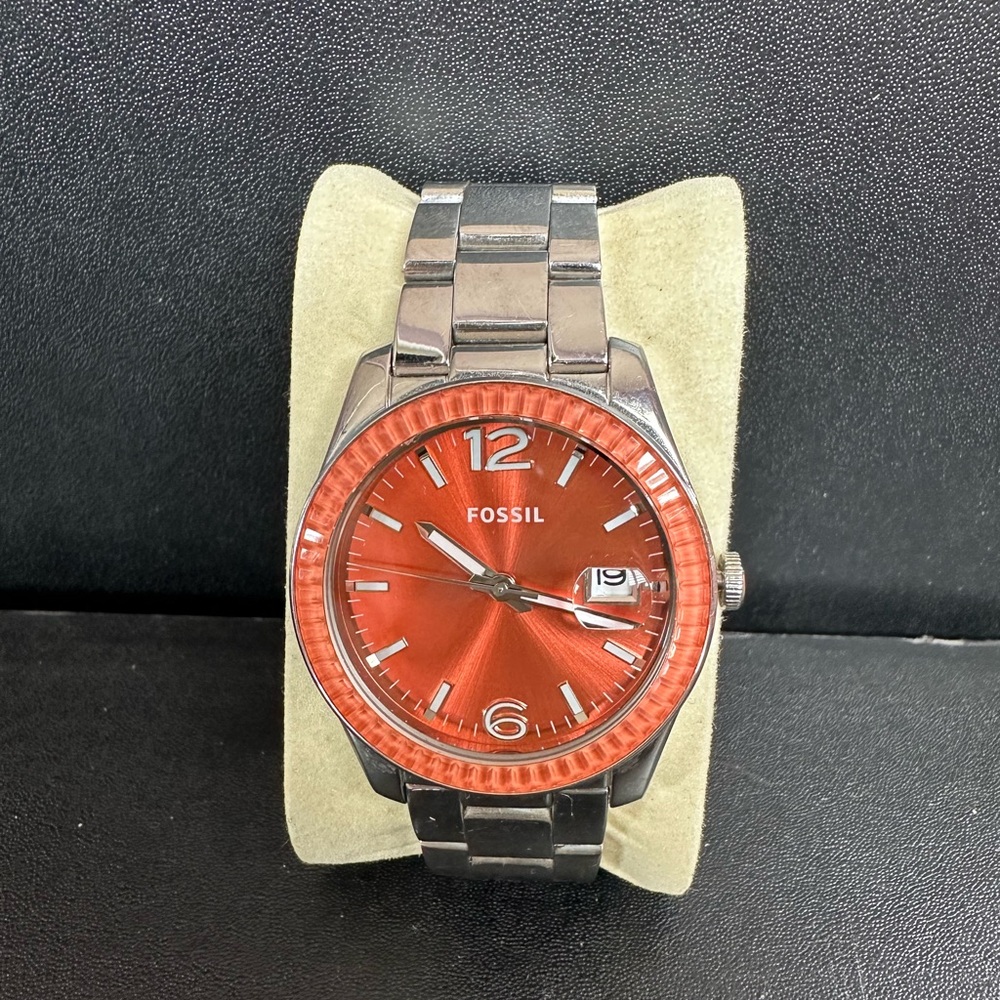 Fossil Silver and Red Sporty Watch with Date Window